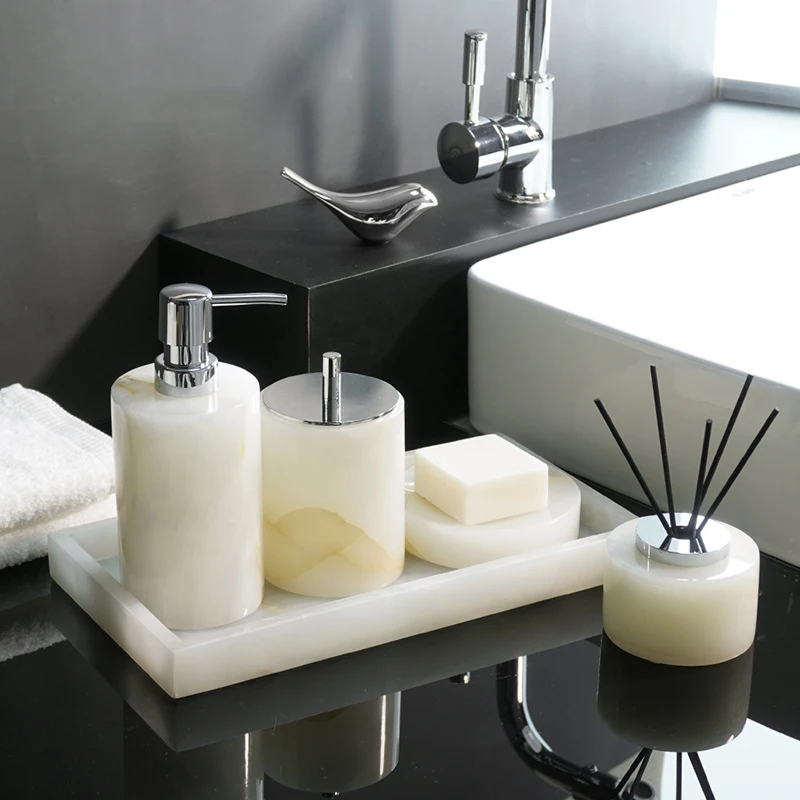 White Onyx Natural Marble Bathroom Set Luxury Soap Dispenser Aromatherapy Bottle Soap Dish Tissue Box Bathroom Accessories