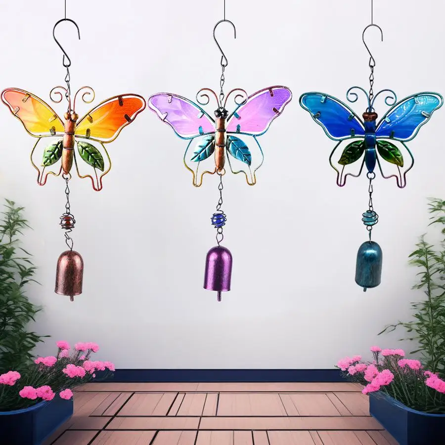 Kreatives und schönes Schmetterlings-Windspiel, Metall-Eisen-Kunst, bemaltes Glas, Garten-, Veranda- und Terrassen-Hängedekoration, Dekoration für Frühlingsfest und Muttertag