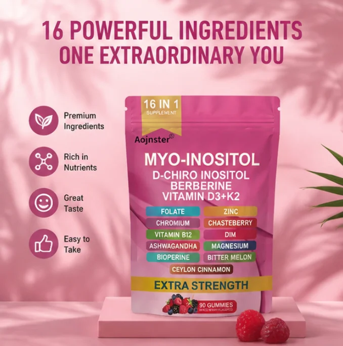 Myo-Inositol 16in1 Supplement Gummies With Berberine Vitamin D3 K2 Folate Zinc Mixed Berry Flavor 90 Gummies For Women