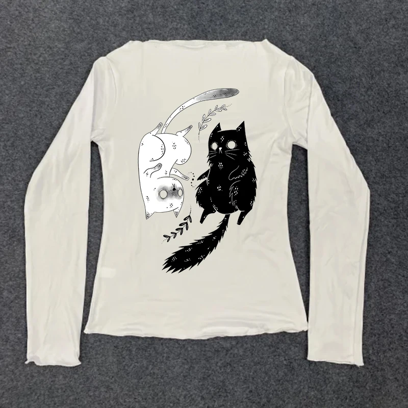 

Fashion Creative Cat Pattern Print Top Y2K Streetwear Harajuku Gothic Slim Tee Punk Chic Aesthetic Vintage Casual Women T-shirt