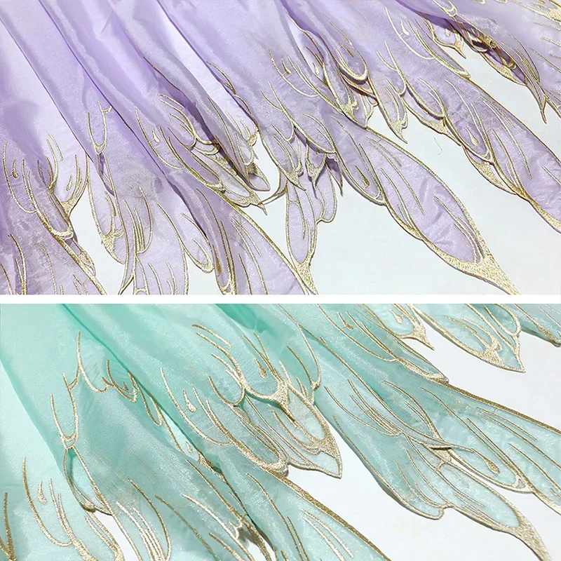 Chinese Embroidery Fabric with Gradient Lotus Leaf Edge Heavy Stitching Material for DIY Hanfu Dress Dance Costume Performance