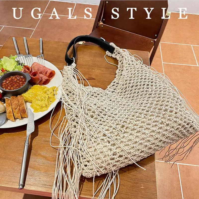 

Fashionable New Summer Beach Vacation Handwoven Tassel Cotton Thread High Capacity Tote Fishing Net Bag Underarm Handbag Women