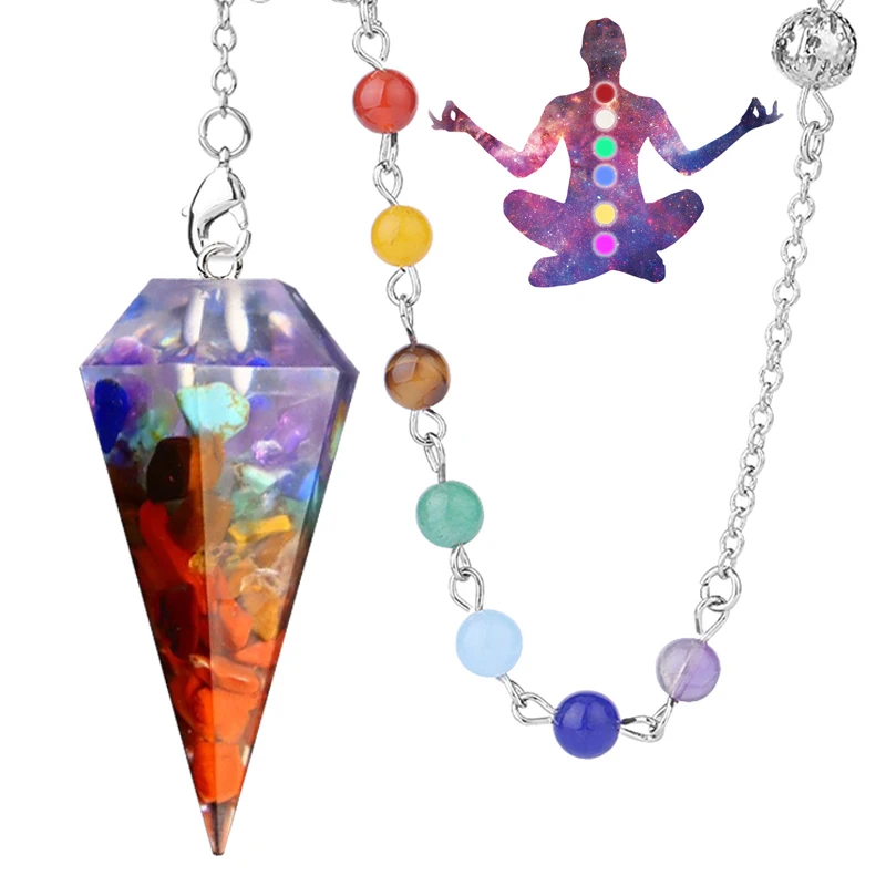 7 Chakras Chain Resin Hexagon Pointed Cone Pendant Pendulum Decoration Reiki Healing Yoga Natural Stones Jewelry DIY Necklace