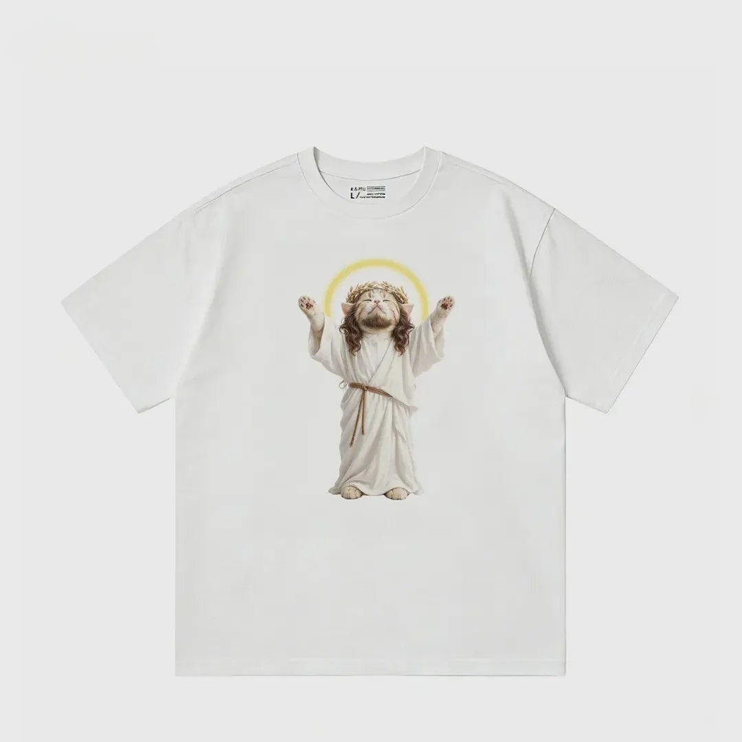 Aura Cat Portrait Graphic Printed Top 2026 American Style Polyester Couple Casual Short Sleeve Crewneck Outfit T-Shirt