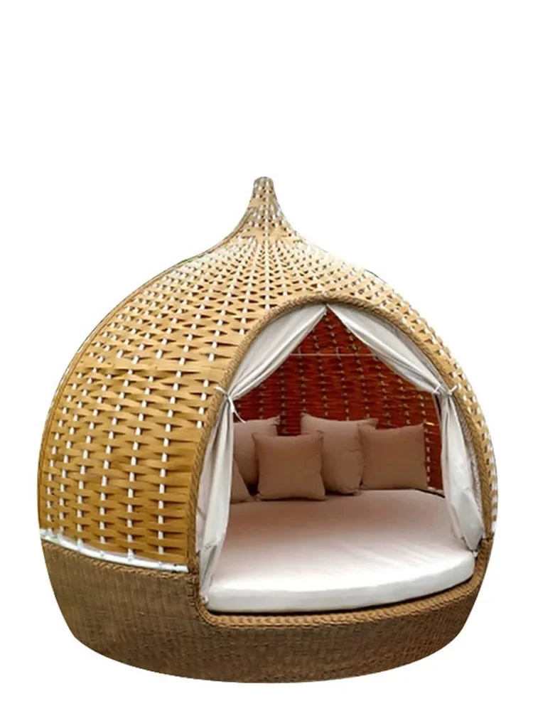 internet famous hanging basket, courtyard, outdoor balcony, rattan woven round bed, swimming pool, homestay, birdcage, and nest