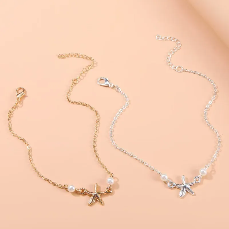 Trendy Summer Imitation Pearl Five-pointed Star Chain Anklet Woman Bohemian Vintage Footwear Leg Bracelets Female Foot Jewelry