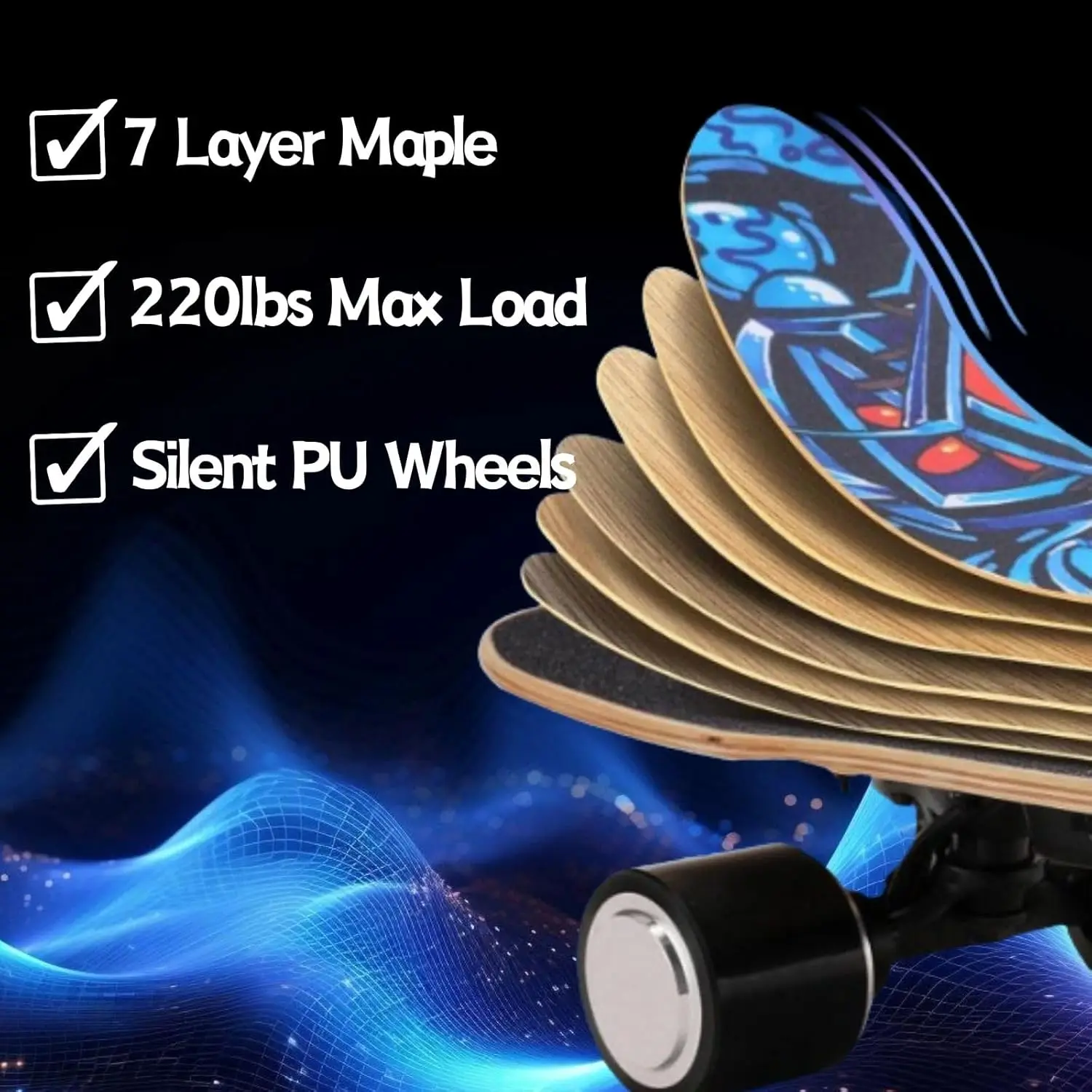 Longboard eléctrico de arce con control remoto, velocidad máxima de 27,5 MPH, rango máximo de 8 millas, carga máxima de 220lbs, 12,4 ", 7 capas