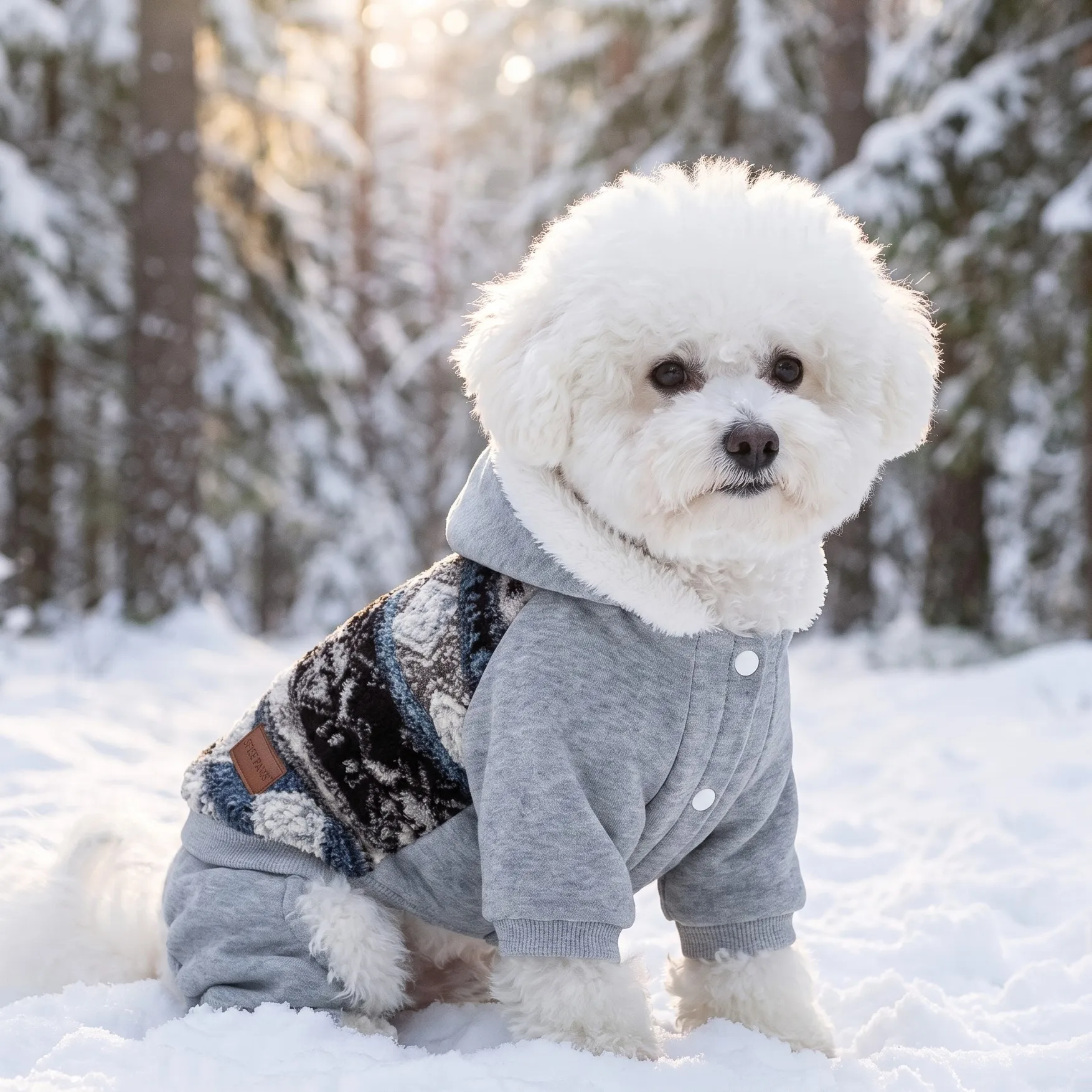 Vierbeiniger Anzug mit Kapuze für Hunde, im ethnischen Stil, mit Jacquard-Muster und Fransen am Saum, vorne mit Druckknöpfen zu öffnen, mit gerippten Ärmel- und Hosenbündchen. – Detail 10