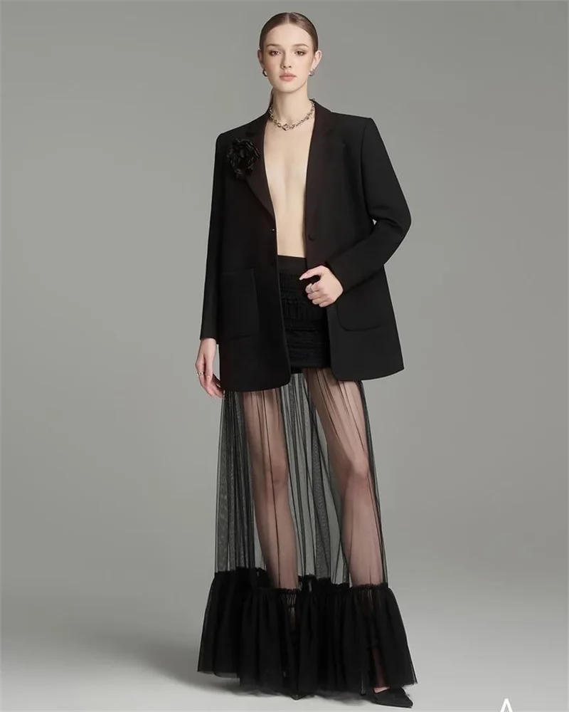 흑인 여성 정장 세트 2 조각 블레이저 + 쉬어 댄스 파티 드레스 공식 오피스 레이디 자켓 레드 카펫 맞춤형 웨딩 턱시도 봄 코트