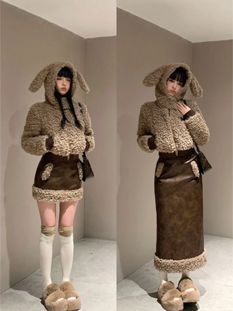 Korean Two Pieces Set Kawaii Cute Ears Fluffy Butterfly Coat + Patchwork Streetwear Vintage Y2k Aesthetic All Match Slim Skirts