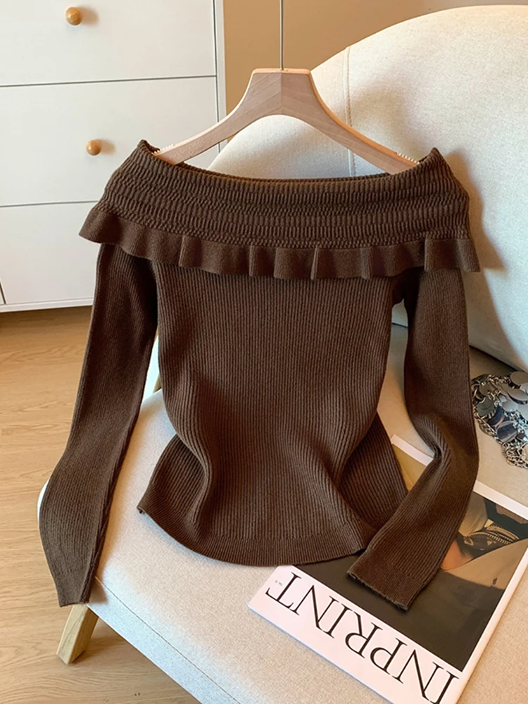

Off-oulder Ruffle Knitwear Women's Base Layer Top Spring 2025 New Design Slimming Effect CleanFit Sle Medium Gauge Knit