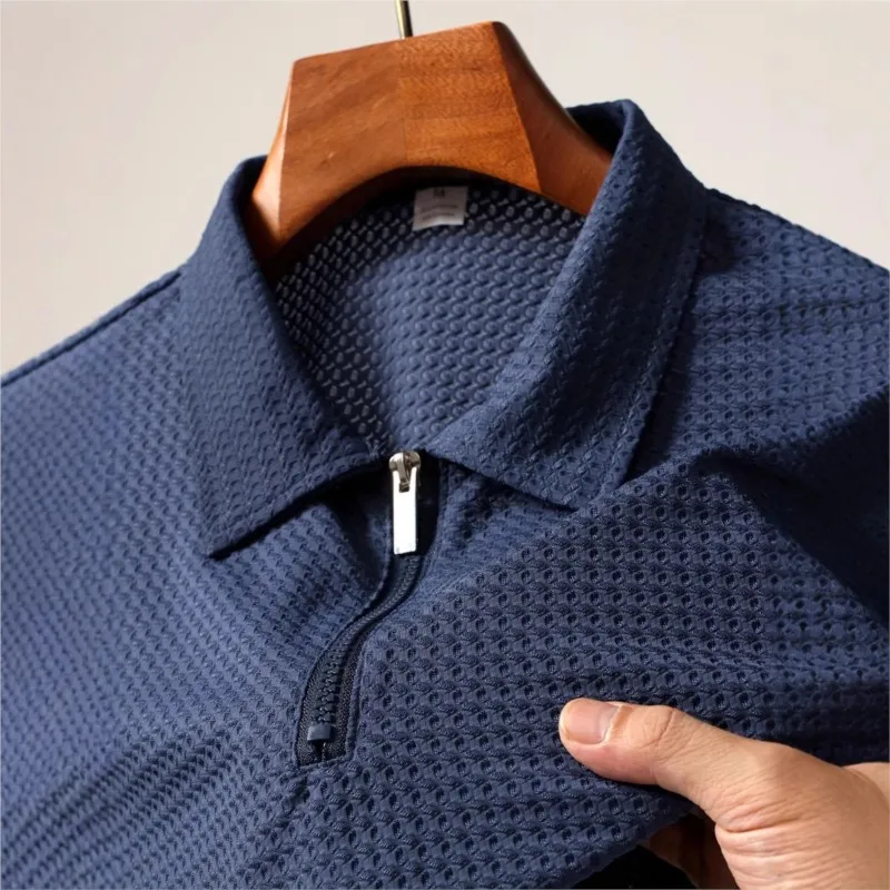 

2025 Amazon New High-end mesh hole ice silk sweat absorbing breathable T-shirt Summer Men's Casual Short sleeved Polo shirt