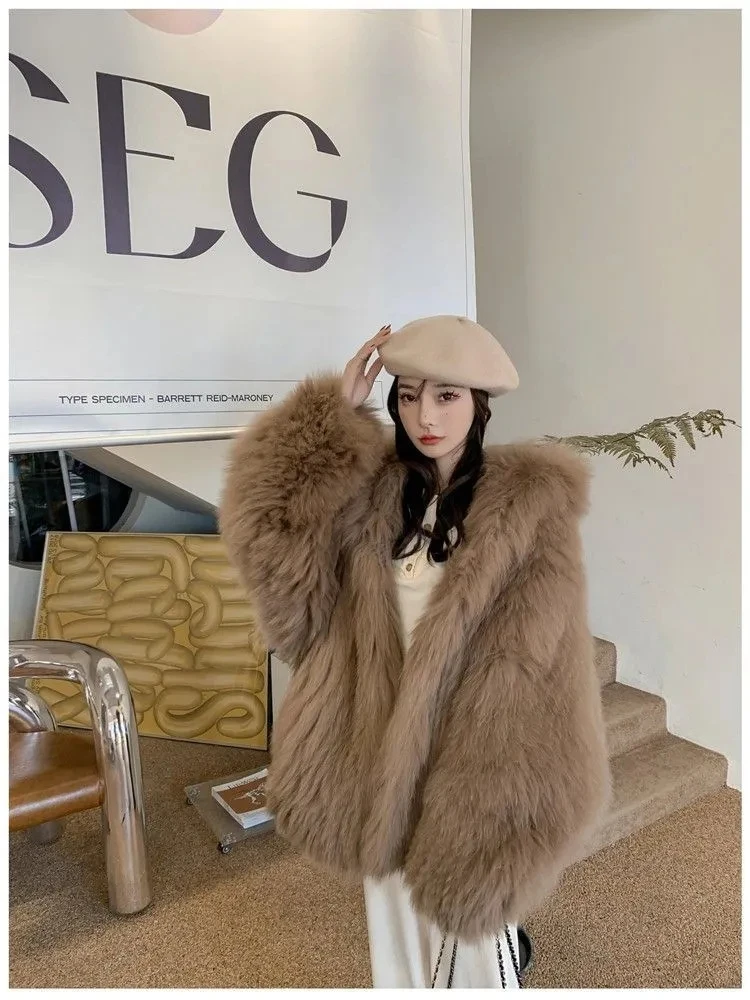 Thicken Hooded High Quality Faux Fur Jackets Winter Warm Imitate Fox Furs Coats Women Furry Jaqueta Korean Luxury Overcoat New