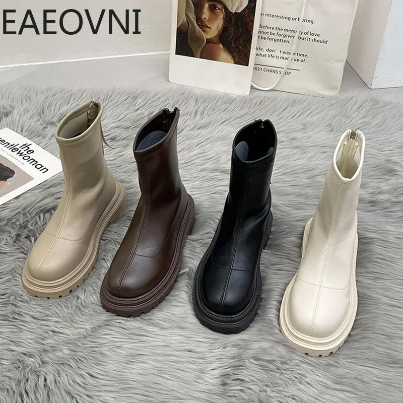 Botas largas de piel sintética para mujer, Botines de tacón plano con cremallera, antideslizantes, hasta la rodilla, otoño e invierno, 2024