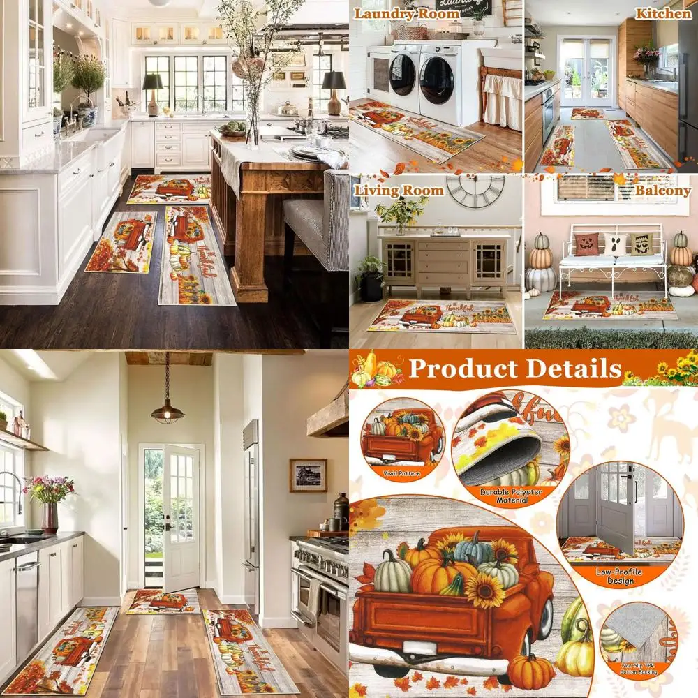 

Vintage Harvest 3-Piece Kitchen Rug Set: Seasonal Thanksgiving Mats with Non-Skid, Washable Design for Home and Laundry