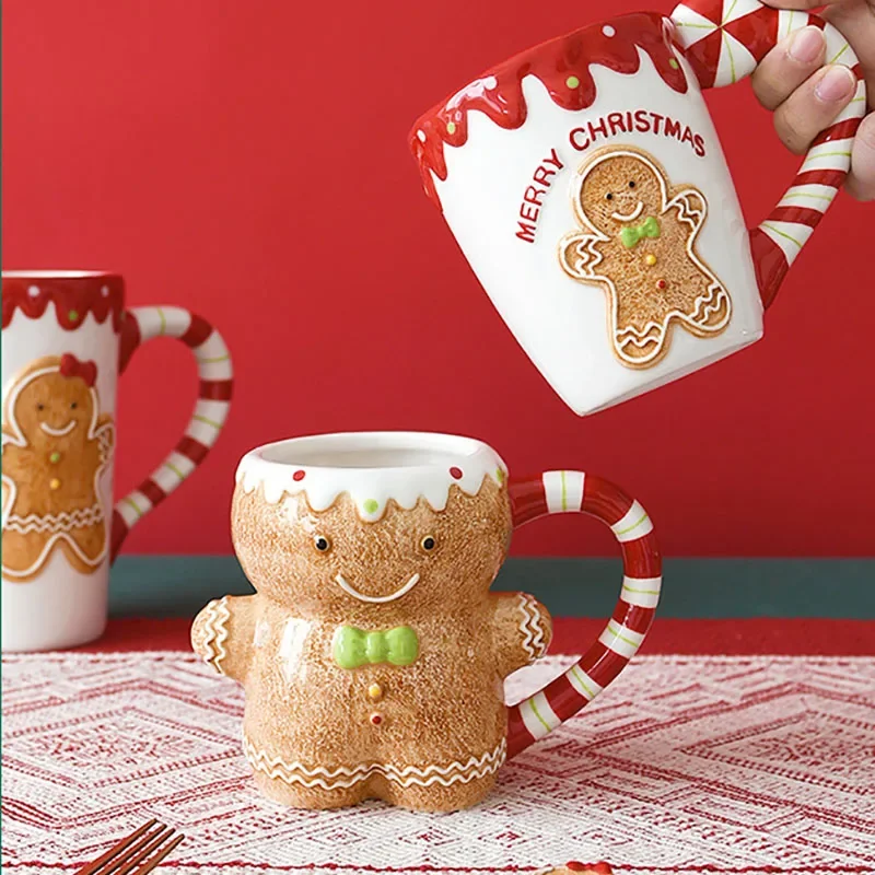Ceramic Christmas Gingerbread Man Mug Embossed Hand-painted Coffee Cup Exquisite Afternoon Tea Flower Tea Coffee Cup Milk Mug