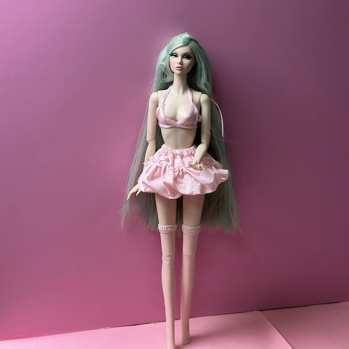 1/6 Doll Clothes Accessories Sweet Pink Sexy Vest Top+Bubble Short Skirt+Lace Socks For 30cm FR Babi Supermodel Doll Dress Up