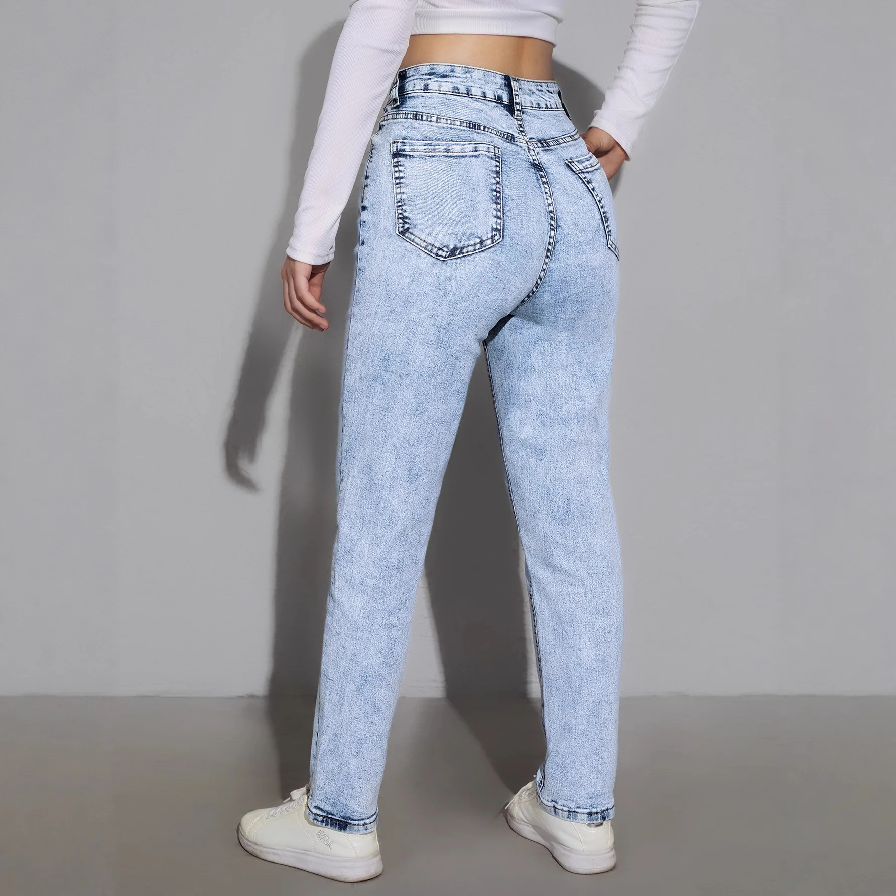 Straight Pants Jeans Women High Waist Stretch Trousers Vintage Washed Denims Streetwear Bleached Distressed Female Full Length