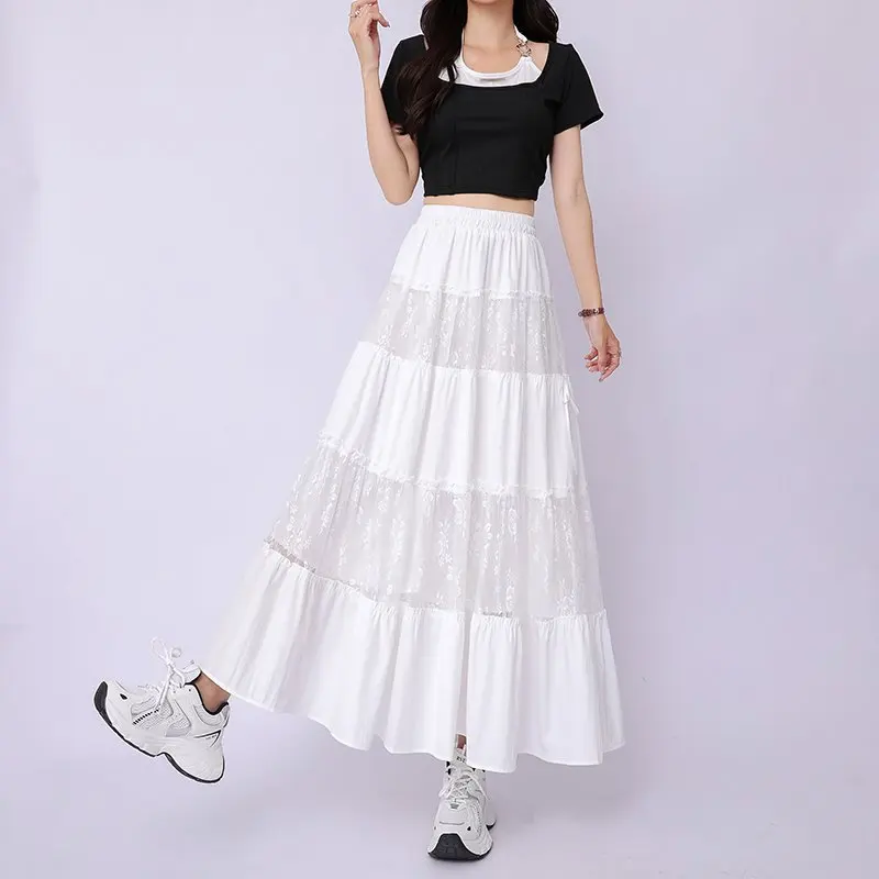 Qiukichonson Bowknot Midi Long Skirt Women White Black 2025 Korean Sweet Spring Summer High Waisted A-Line Splice Lace Skirt rok