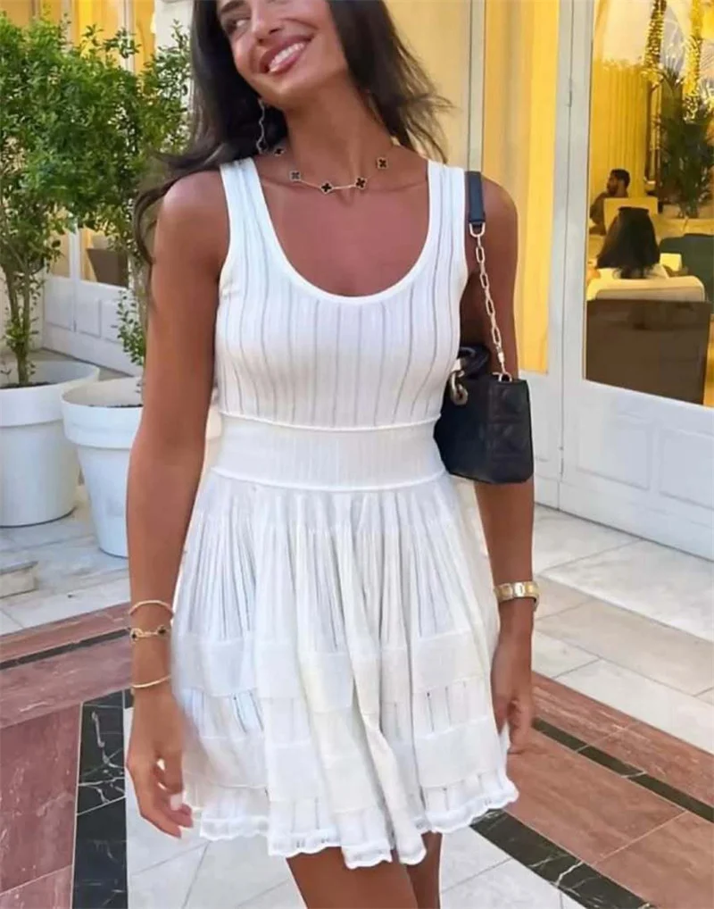 Damska sukienka bez rękawów z krótkiej dzianiny, seksowny letni strój, plażowa narzutka na bikini, szydełkowa, odzież kąpielowa, damska odzież codzienna.