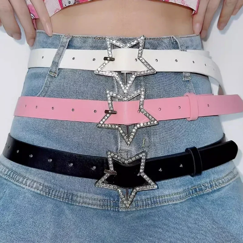 Y2K Belts for Women Girls Pink Black White Star Belt Denim Star PU Leather Rhinestones Belt Ins Sweet Cool Corset Jeans Belts