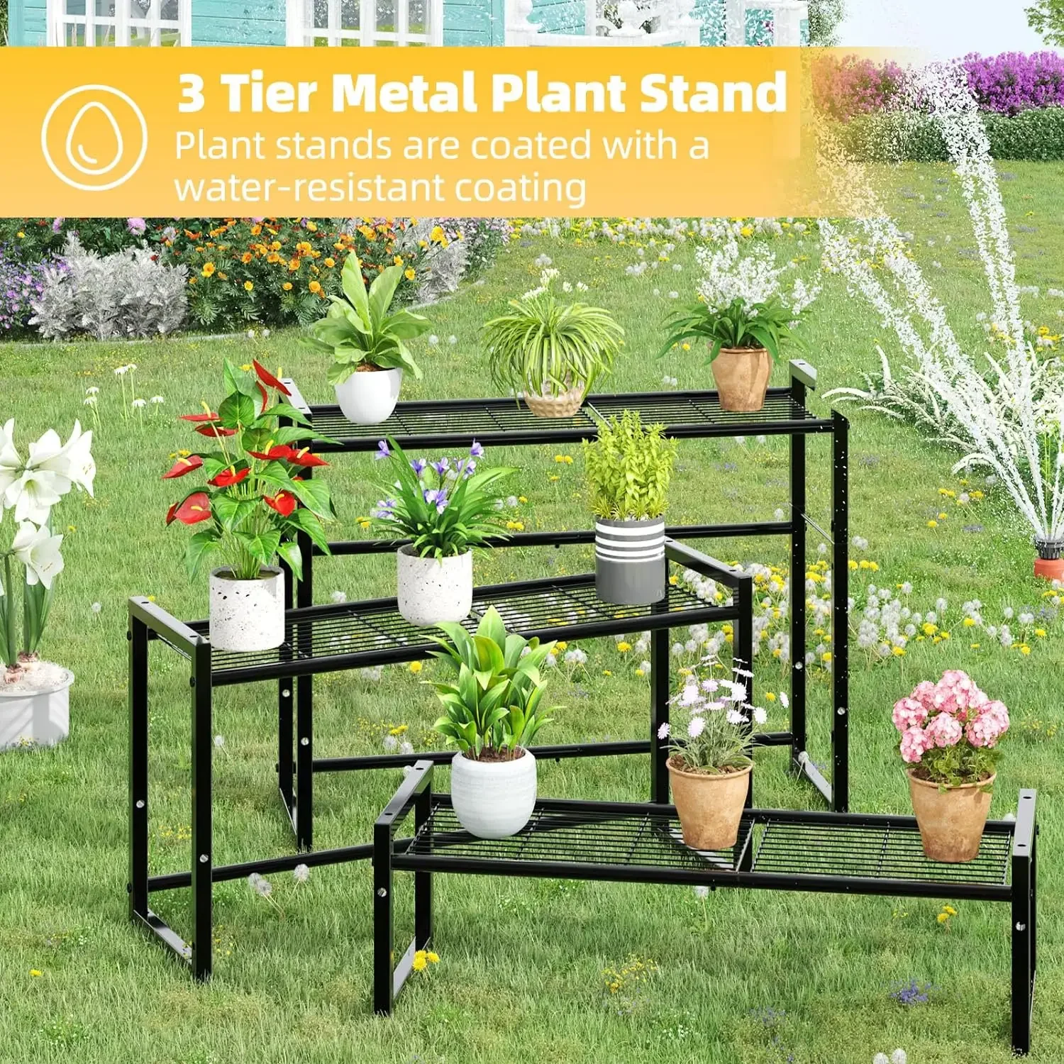 Simple Trending 3 Tier Metal Plant Stand Outdoor Indoor Waterproof, Stackable Heavy Duty Tall Plant Shelf Flower Pot Holder