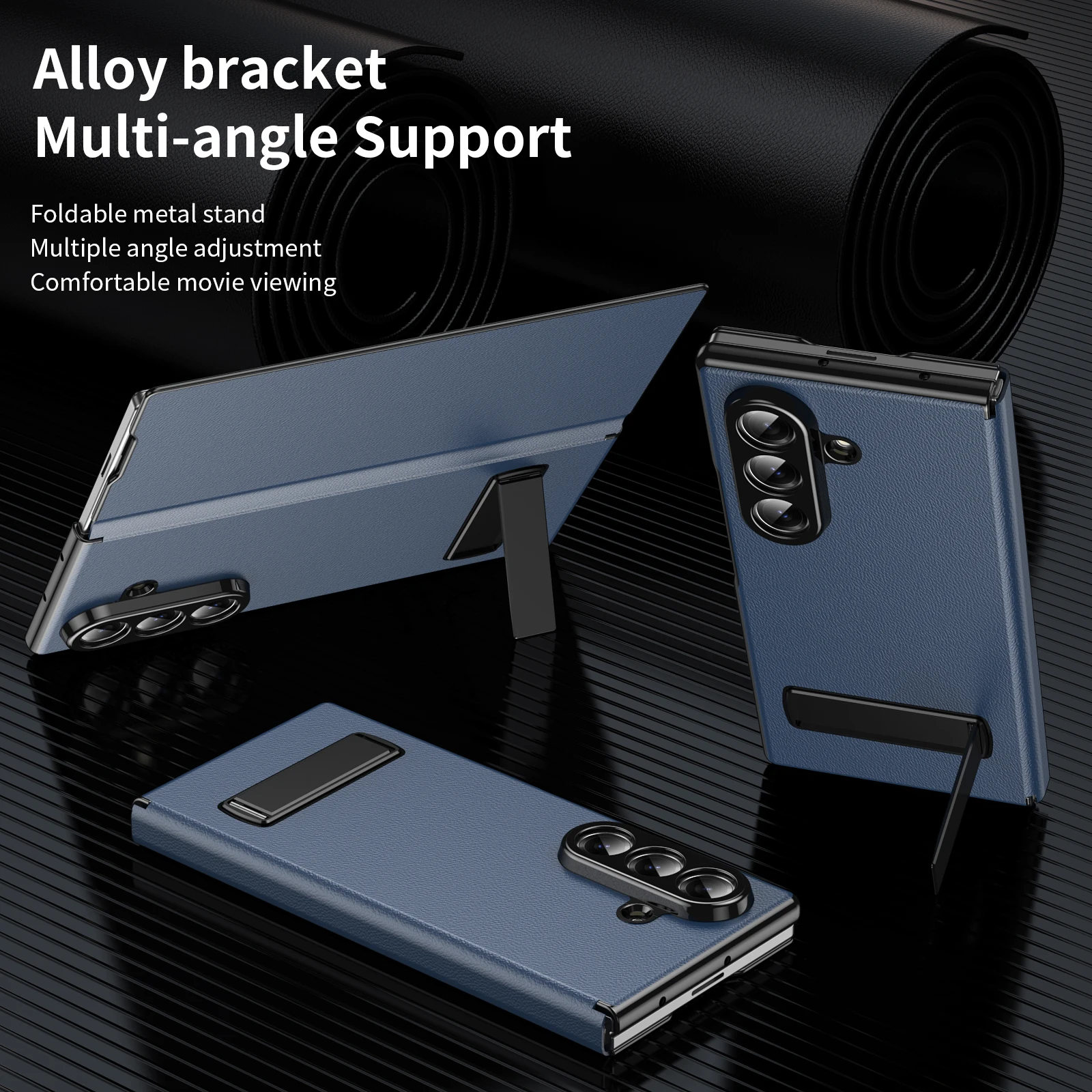 Plain PU Leather Flip Phone Case with Metal Kickstand for Samsung Galaxy Z Fold 4 5 6 7 8 Ultra - Protective Cover with Stand