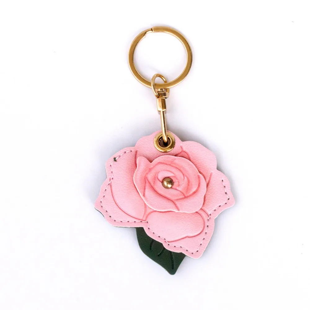 PU Leather Rose Flower Bag Keychain Metal Key Ring Portable Access Card Protective Case Multipurpose Lightweight
