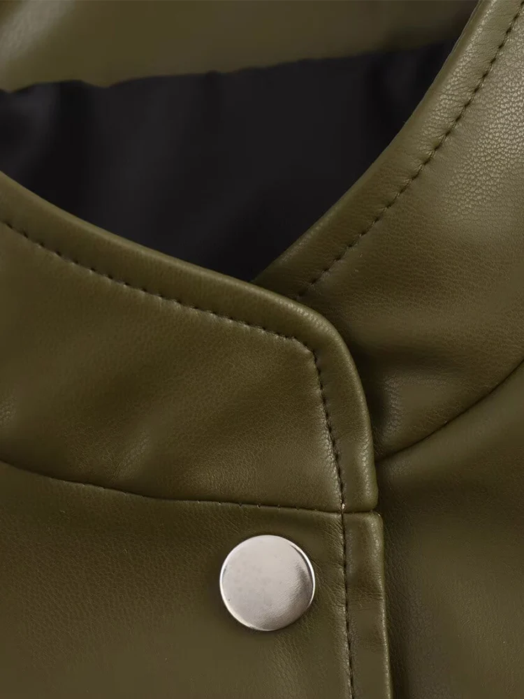 European style new women's fashion versatile temperament pocket imitation leather pilot long sleeve jacket