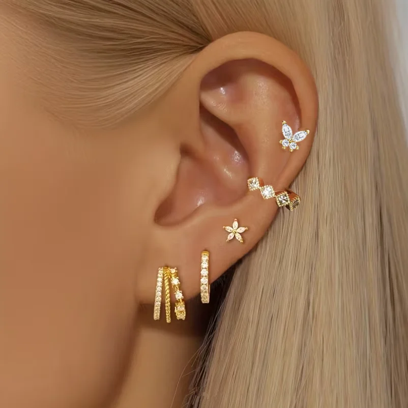Set de 5 aretes clásicos tipo Huggie con circonitas, aretes de tuerca multicapa, piercing para tragus, hélix, cartílago y lóbulo, joyería.