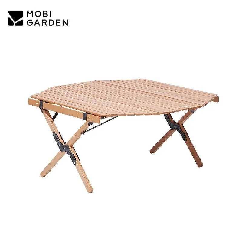 MOBI GARDEN Camping Outdoor Portable Folding Table Picnic Table Solid Wood Octagonal Egg Roll Table Free Storage Bag Bearing30KG