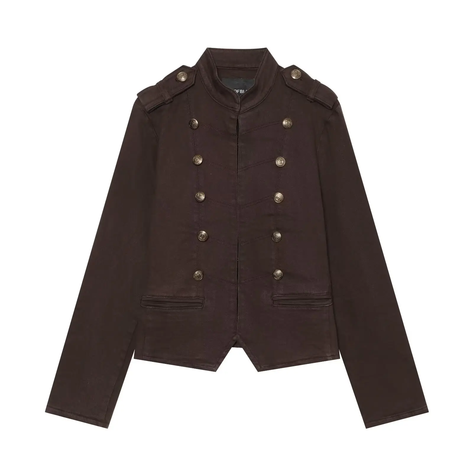 BSAY Vintage Napoleon Denim-Jacke für Damen, Stehkragen, Doppelreihige Metallknöpfe, Schulterklappen, Figurbetont, Kurze Militär-Oberbekleidung – Detail 2