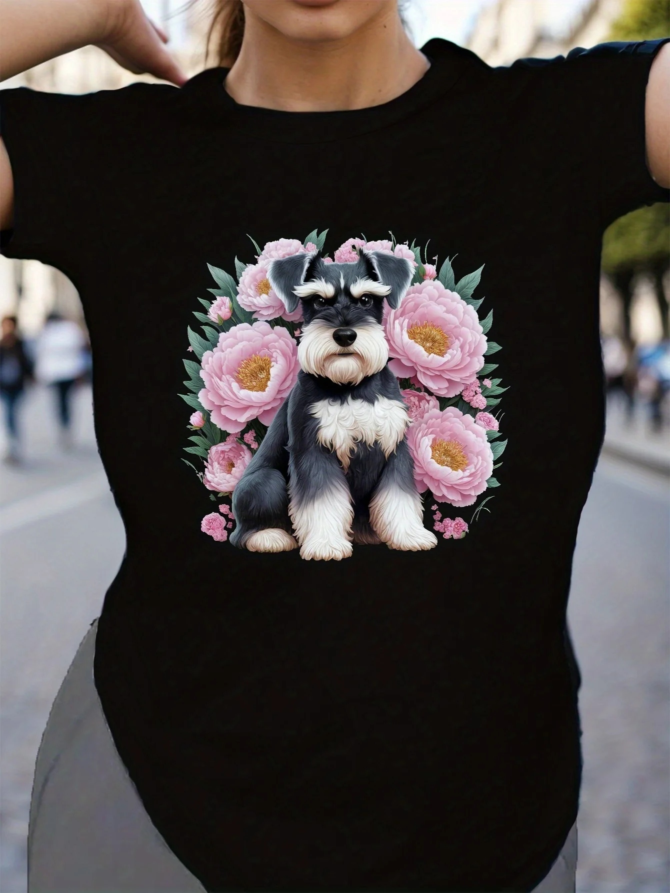T-shirt da donna taglie forti Schnauzer con peonie rosa 0XL-4XL 0XL-4XL