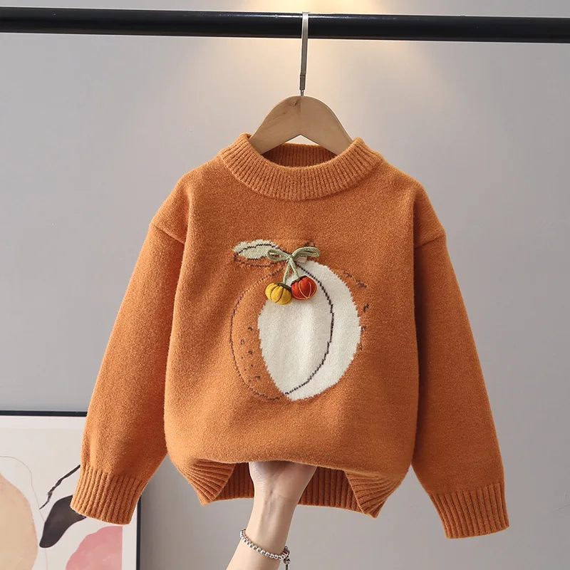 Eye-catching Peach Embroidery Kids Crew Neck Sweater Good Elasticity Skin-friendly Little Girl Pullovers Festival Outfit JY10133