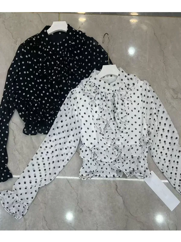 

White Polka Dot Blouse Women's Spring New Style Commute Korean High Waist Bell Sleeve Floral Buxom Fashionable Shirt