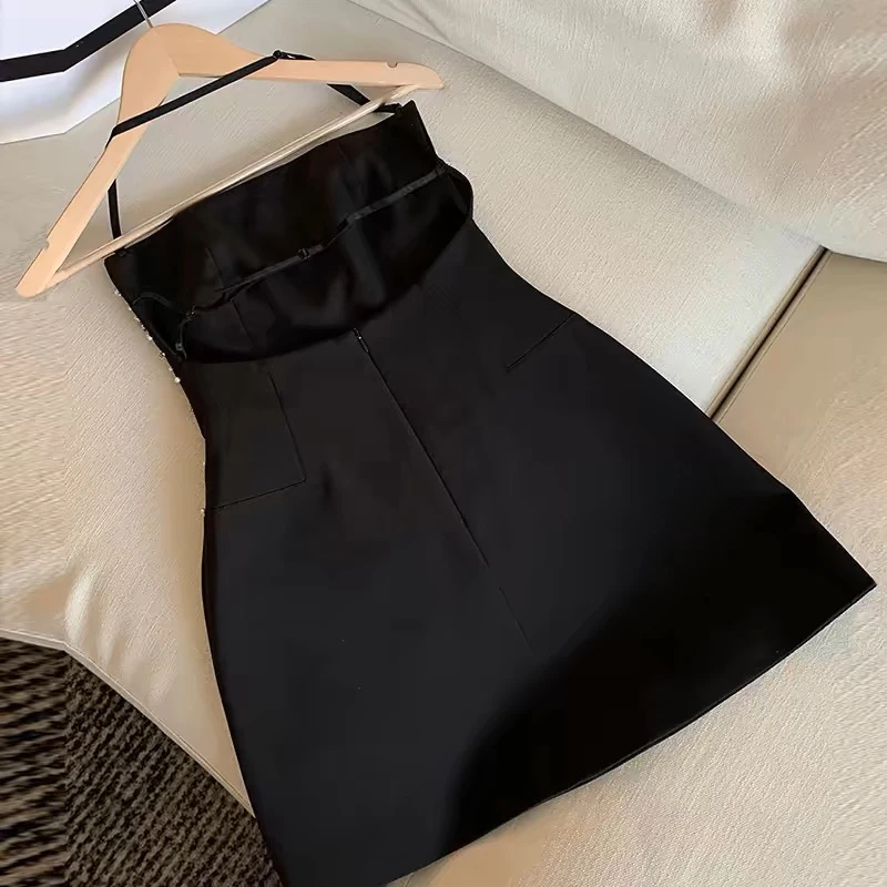 Frühling Frauen Ärmelloses Slash Neck Mini Kleid Neue Luxus Diamanten Brust Wrapping Kleider Sommer Hohe Taille Backless A-line Kleid