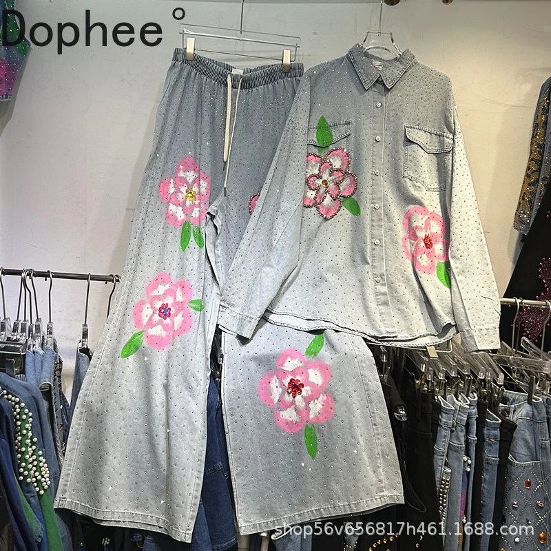 

Full Diamonds Flowers Hot Drilling Women Denim Sets Loose Single-breasted Long Sleeve Shirts Top + Elastic Waist Wide Leg Jeans
