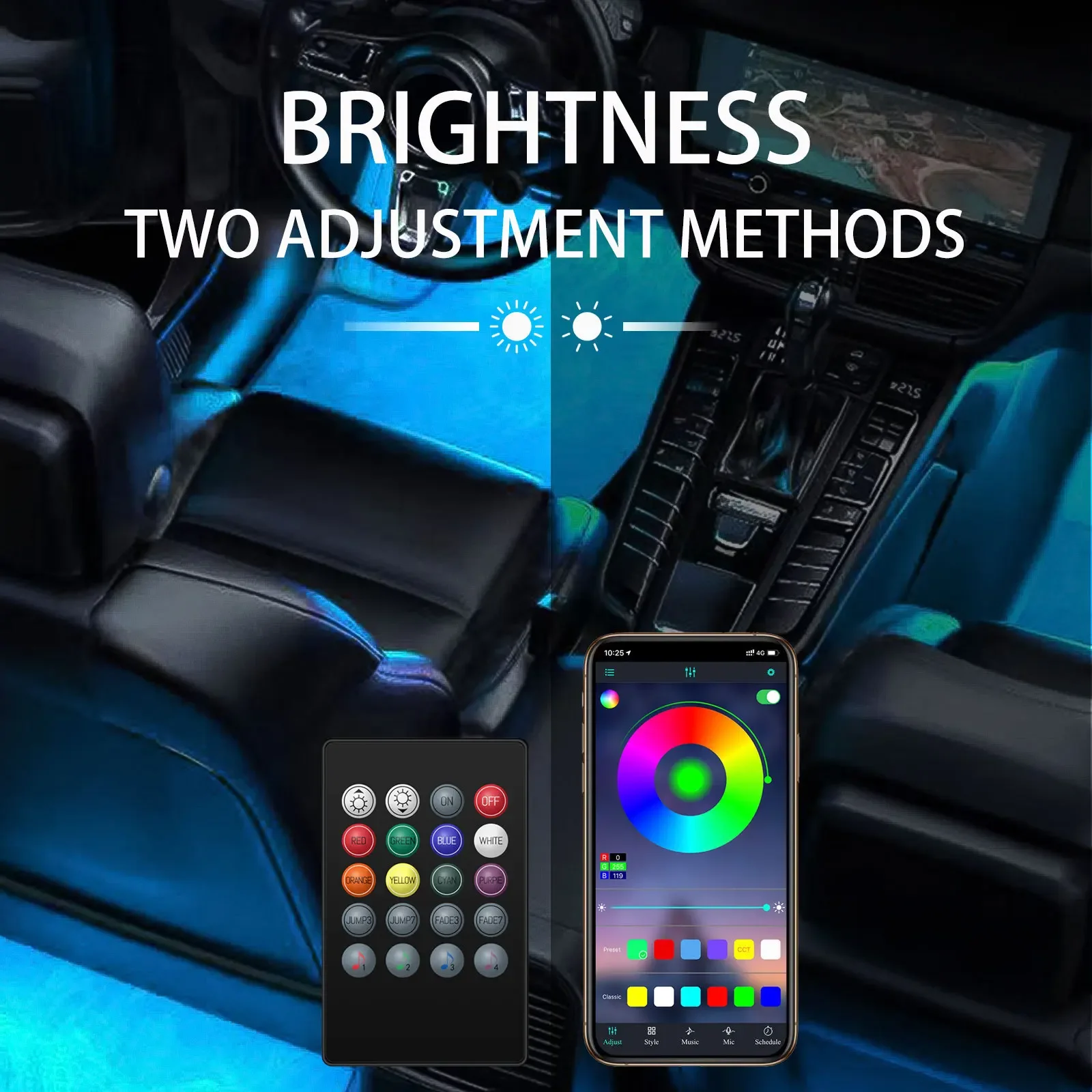 

Interior For car Lighting Solution with 12SMD RGB LED Strip for Dashboard and Foot Area with Rhythm Functionality