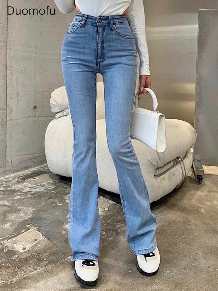 

Duomofu Blue Chic Elastic High Waist Slim Simple Women Jeans Summer Fashion Classic Flare Loose Full Length Casual Female Jeans
