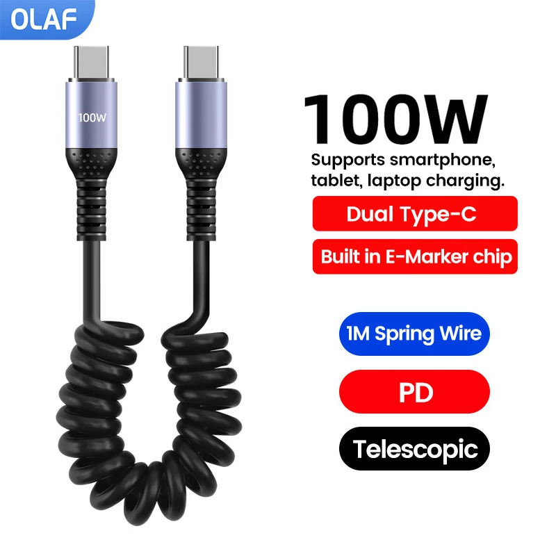 25CM To 1M Car Spring Data Cord 100W 6A Short Fast Charging Wire USB C TO USB C Cable For iPhone 15 Huawei Xiaomi Samsung Type c