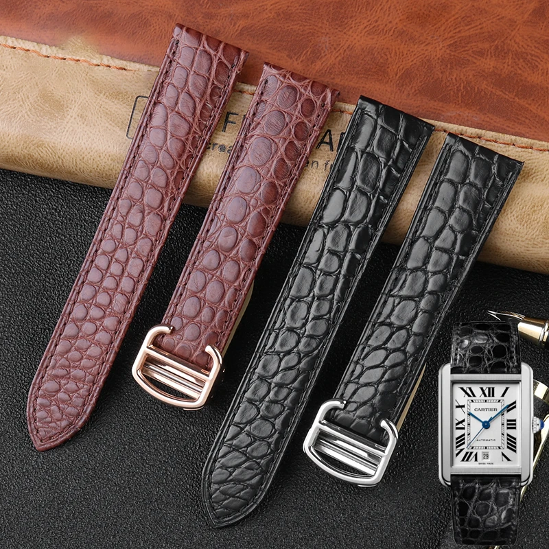 Alligator Leather Watch Band For Cartier TANk SOLO RONDE DE Crocodile Skin Watch strap Folding Buckle belt  Accessories Bracelet