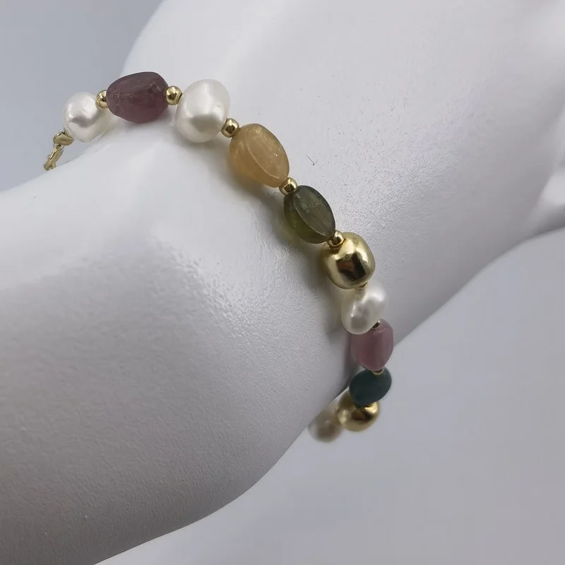 

WJEB Bracelet Multi Colored Tourmaline Pearls Paired with Gold-plated Sterling Silver Girl Women Fashion Party Jewelry Gifts