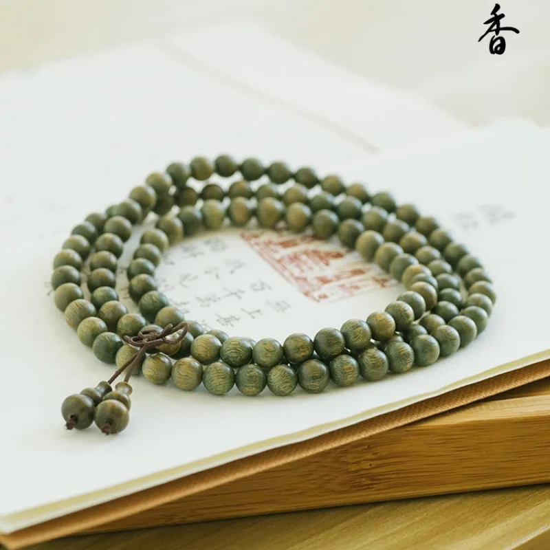 Natural Green Sandalwood Beads Necklace Men Women Buddhist 108 Beads Meditation Prayer Malas Rosary Fragrant Bracelet 6/8/10mm