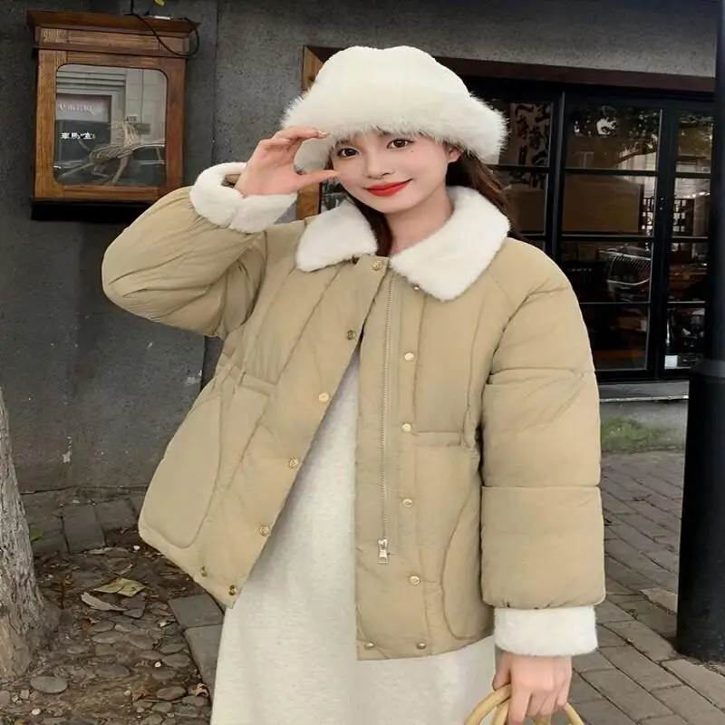 Women's Padded Jacket Outdoor Daily Wear Winter Down Cotton Jacket Short Waist Belted Thickened Warm Faux Fur Collar Coat Tops