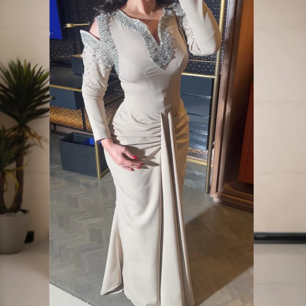 

Customized High Quality Jersey Pleat Sequined Mermaid V-neck Long Dresses Bespoke Occasion Evening Chinese Style