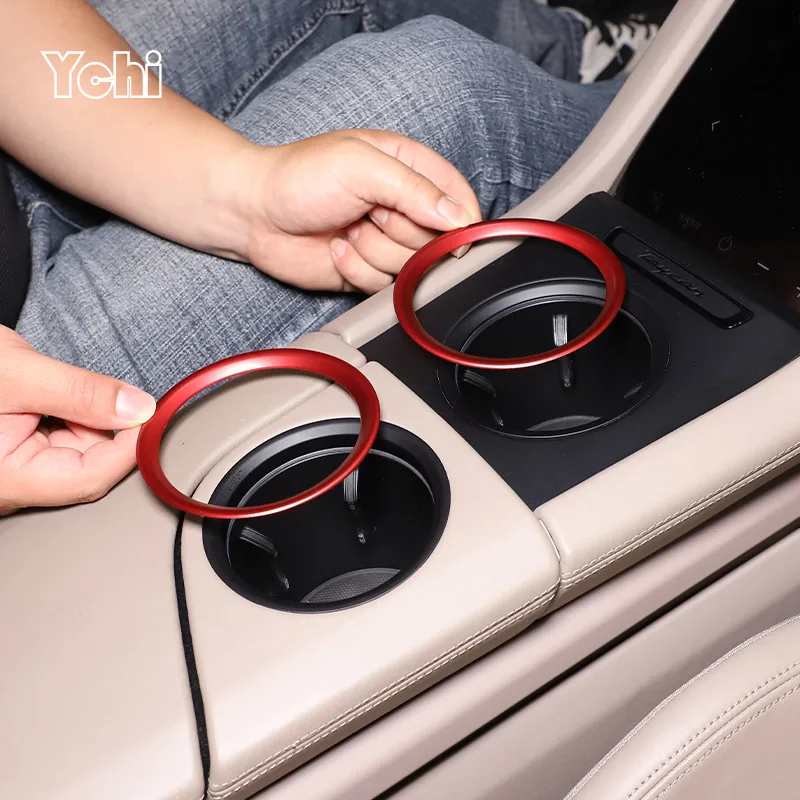 Aluminum alloy Red/Blue For Porsche Taycan 2019-2022 Car Central control water cup holder Trim ring Interior Car Accessories