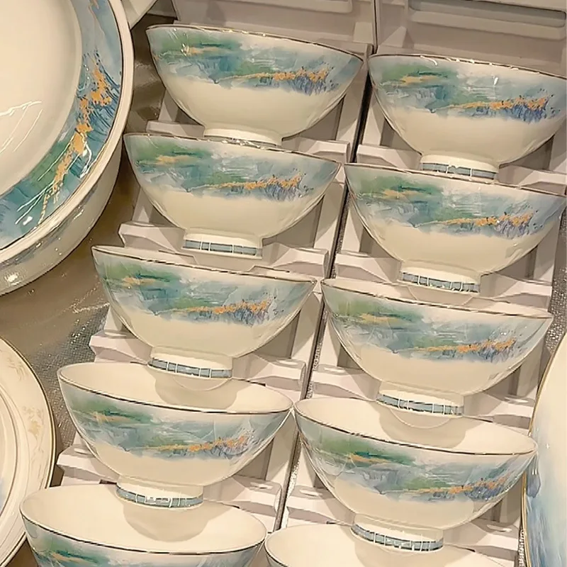 

Jingdezhen light luxury plate and bowl combination ceramic dish set home tableware gift box full set of optional