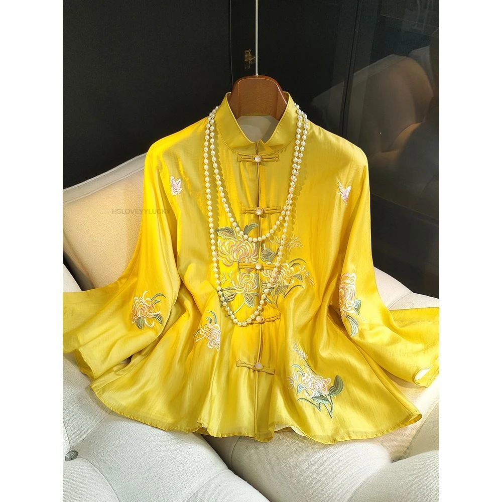 Retro Disk Button Embroidered Shirt women's Chinese Style Top Cheongsam National Wind Tang Suit Casual Thin Yellow Jacket