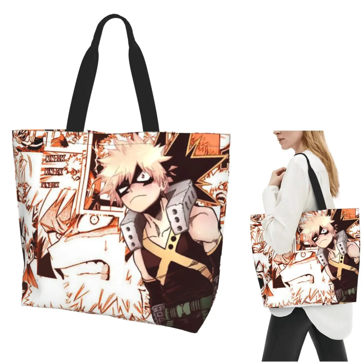 Bakugo Katsuki Boku No My Hero Academia Einkaufstasche aus Segeltuch, große Kapazität, Umhängetaschen, Shopper, Einkaufstasche für Damen