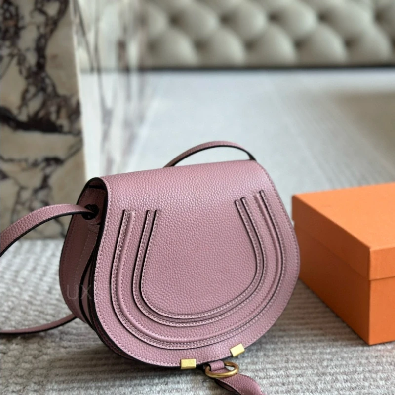 UXST Classic Litchi Pattern Half-Round Bag Metal Ring Buckle Rivet Saddle Bag Semicircle Flap Pocket Real Leather Crossbody Bag